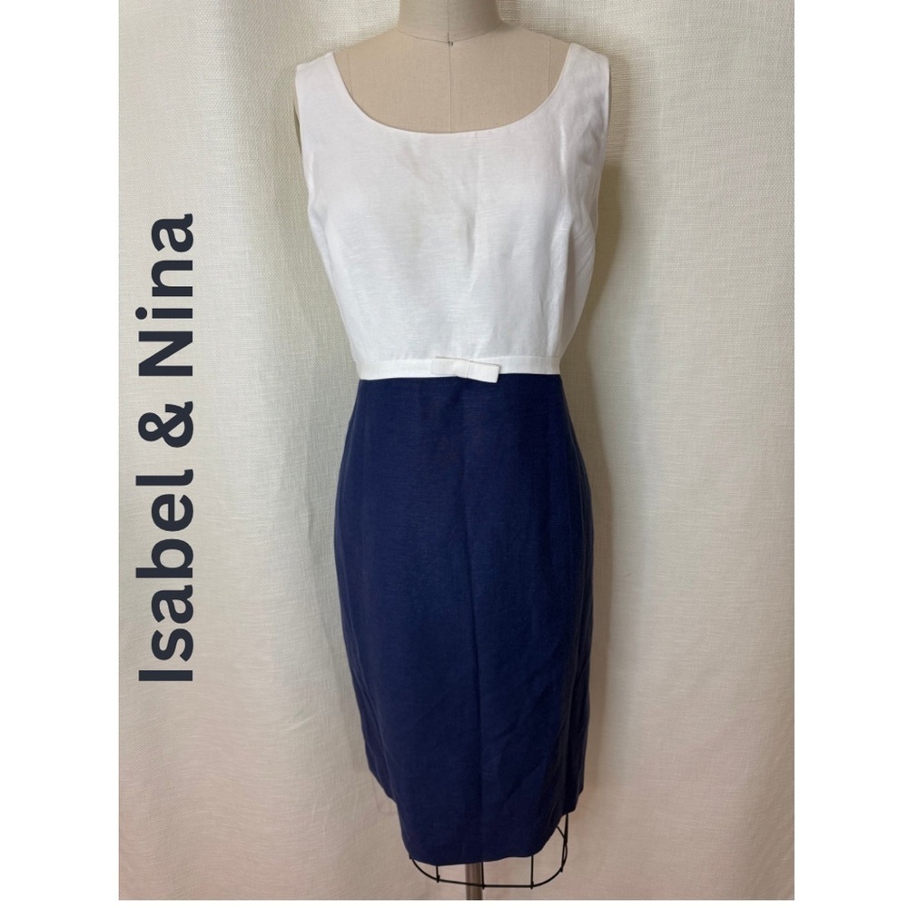 Isabel & Nina White Blue Colorblock Sheath Dress Bow Waist Size 8